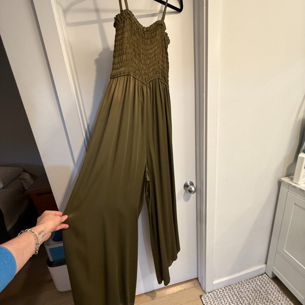 Anthropologie Wide Leg Smocked Top Jumpsuit, Olive Green, Sz MED